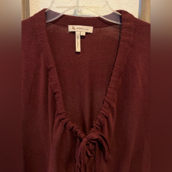 BCBG Maroon Sweater Cardigan with Knit Ties & Button Up - Picture 3 of 5